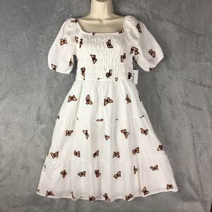 New Kindred Antropolgie White Embroidery Butterfly Midi Dress Babydoll Women's M